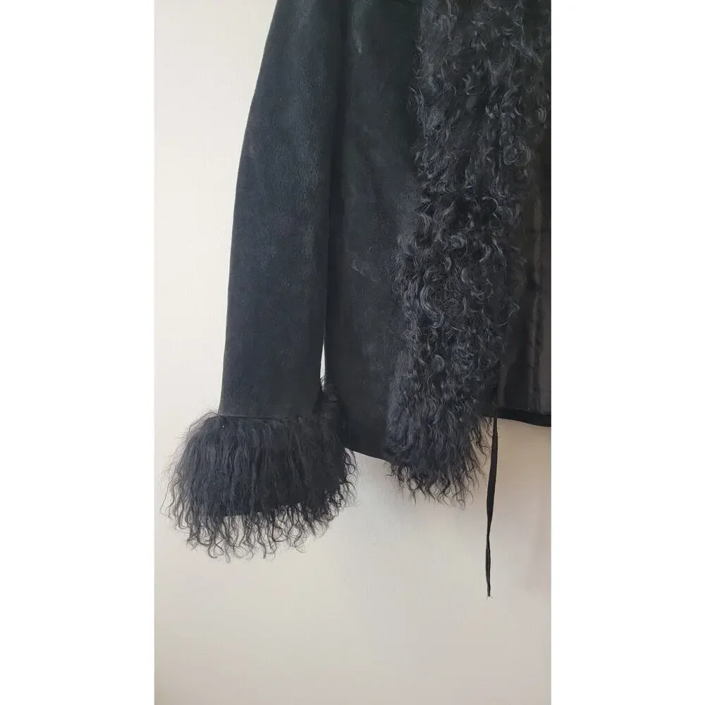 Black Genuine Suede & Fur Trim 70s Glam Whimsygoth Festival Coat - Picture 9 of 16